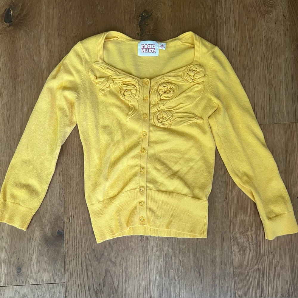 Anthropologie Yellow Cardigan Sweater with Embroidered Details - Picture 3 of 8